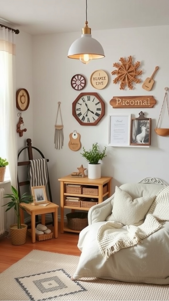 A cozy living space featuring a soft sofa, wooden decor, and plants.