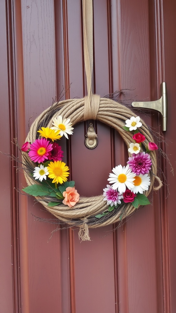 A handmade wreath with jute twine and colorful flowers hanging on a door.