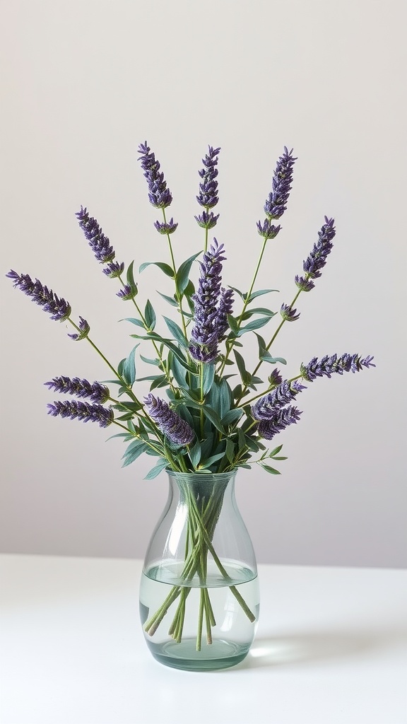 A vase filled with lavender and eucalyptus, perfect for Valentine's Day table decor.