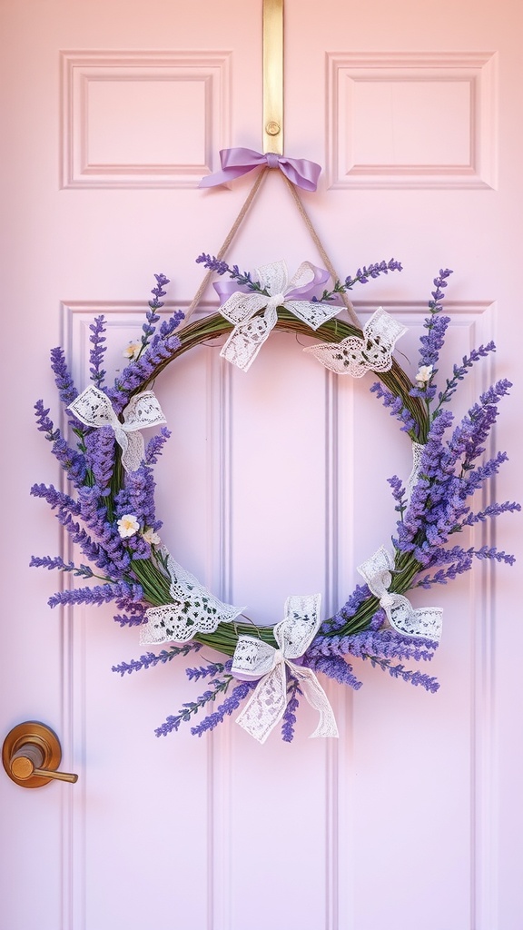 A lavender and lace wreath hanging on a pink door.