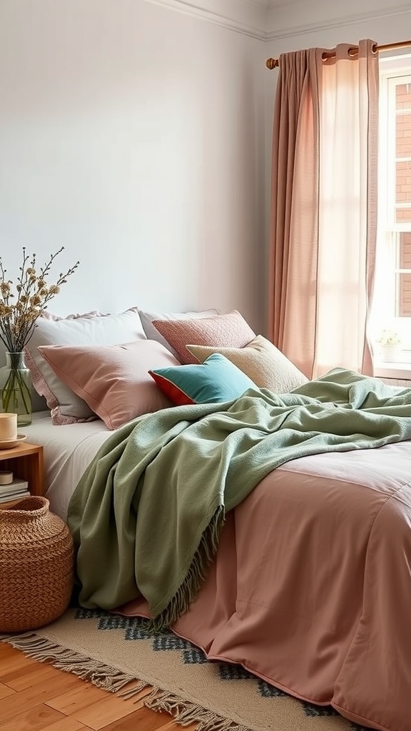 Cozy bed with layered pink and green textiles