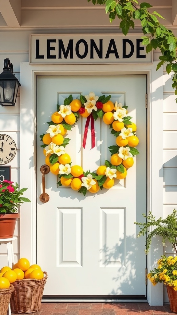 A vibrant lemonade stand wreath with yellow lemons and flowers on a white door