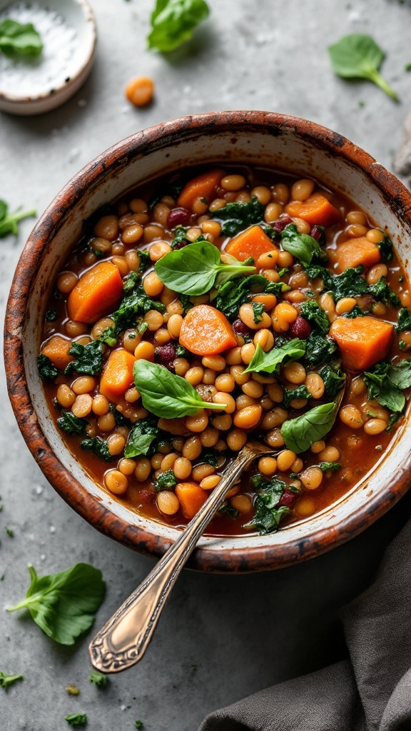 A bowl of lentil and spinach stew with carrots and herbs.