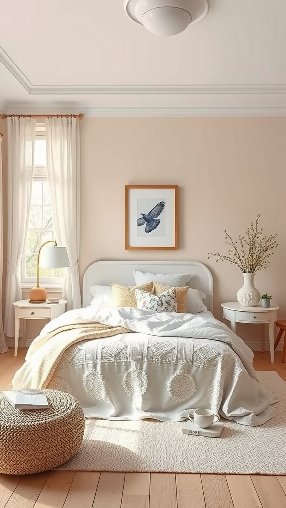 A light and airy bedroom with a soft color palette, featuring a cozy bed and natural elements.