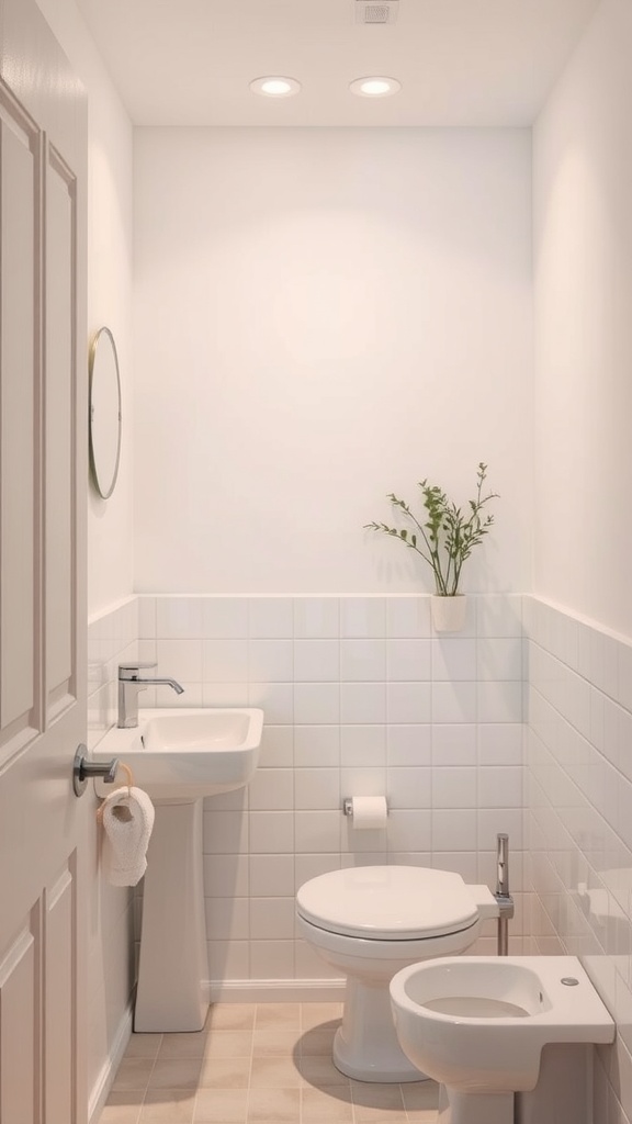 A small, bright bathroom with white tiles, a sink, and a plant.