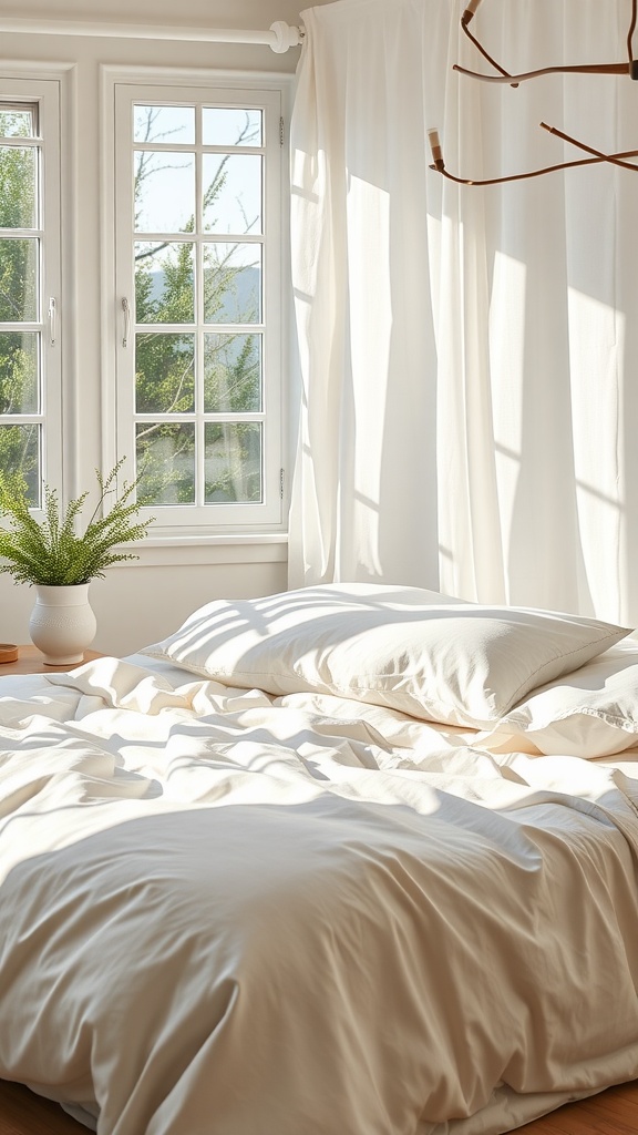 A bright and airy bedroom with lightweight bedding and natural light.