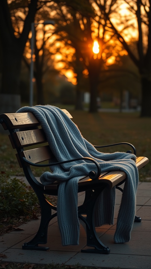 A light cardigan draped over a bench at sunset in a park.