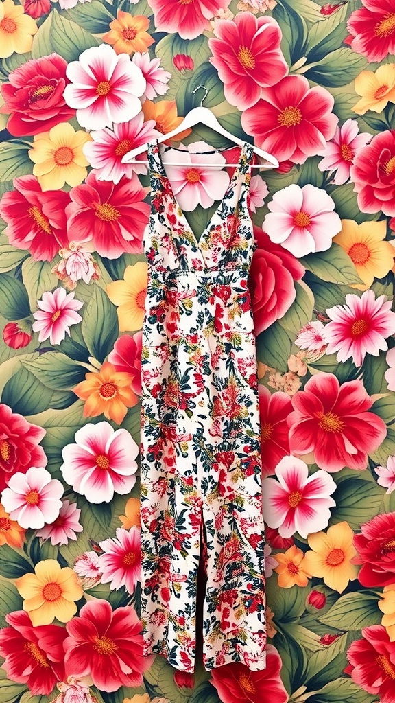 A floral lightweight jumpsuit hanging against a vibrant floral background.