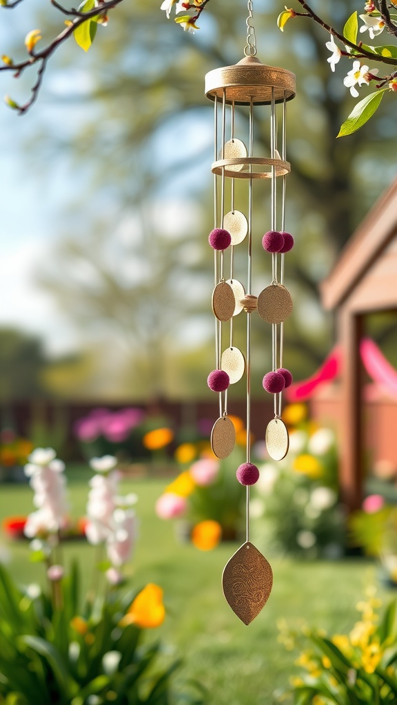 A colorful wind chime hanging from a tree branch, surrounded by blooming flowers in a garden.