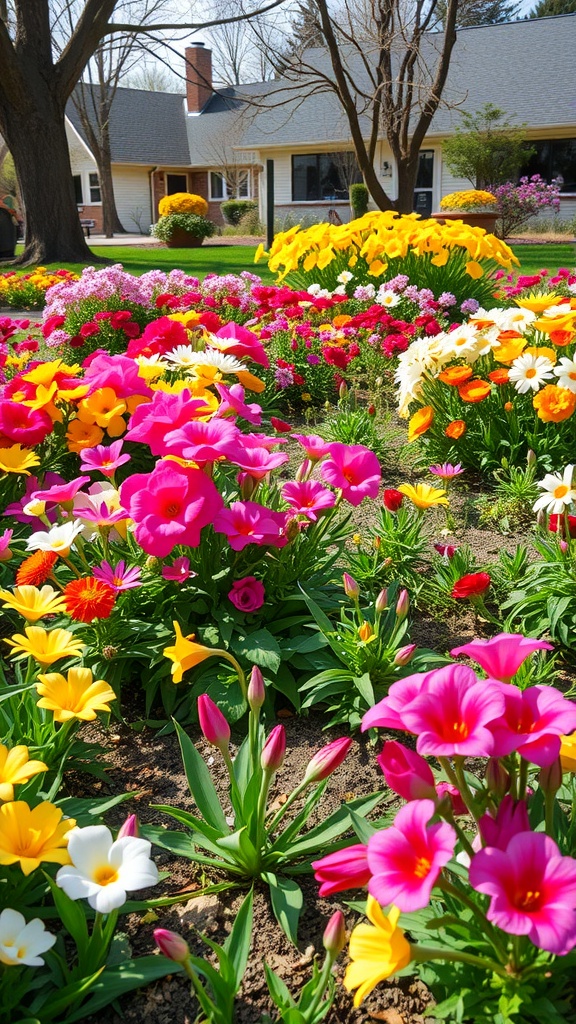 A vibrant flower bed filled with pink, yellow, and white blooms in a sunny garden.