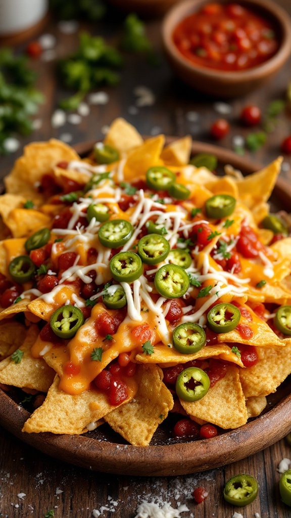 A plate of loaded nachos with cheese, jalapeños, and salsa.