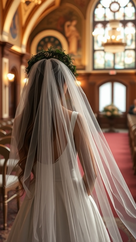 A bride with long hair, wearing a cascading veil and floral crown, standing in an elegant venue.