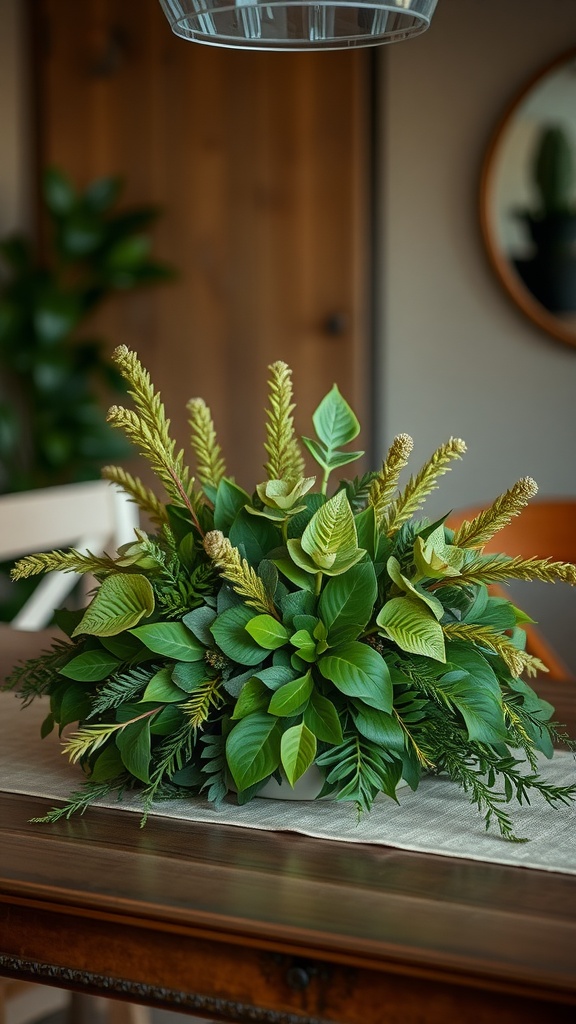 A beautifully arranged centerpiece of various green plants on a dining table.