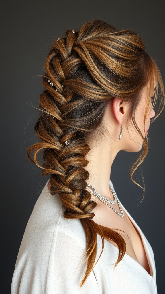 A woman with a luxe side fishtail braid, adorned with decorative pins, wearing a white top.