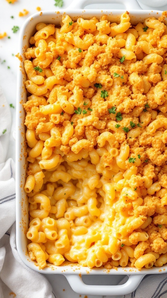 A creamy macaroni and cheese with a golden breadcrumb topping, baked to perfection.