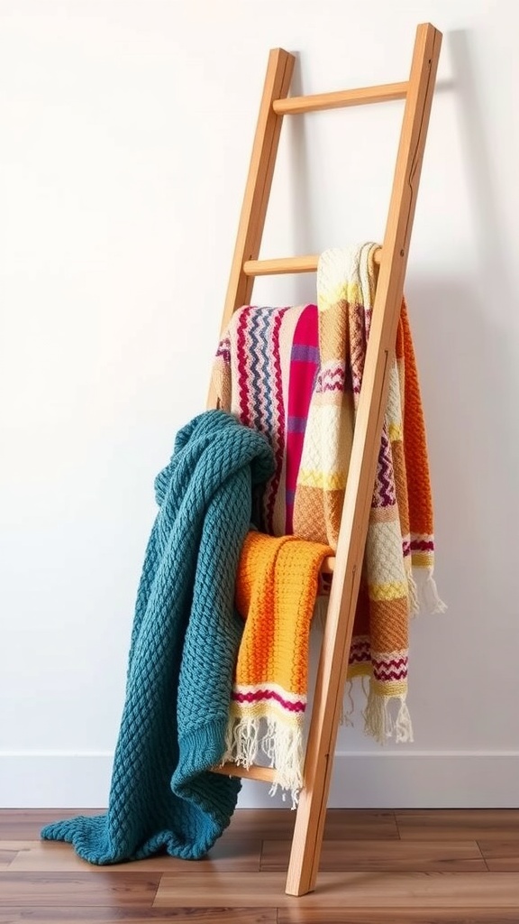 A wooden blanket ladder displaying colorful knitted throws in a cozy setting.