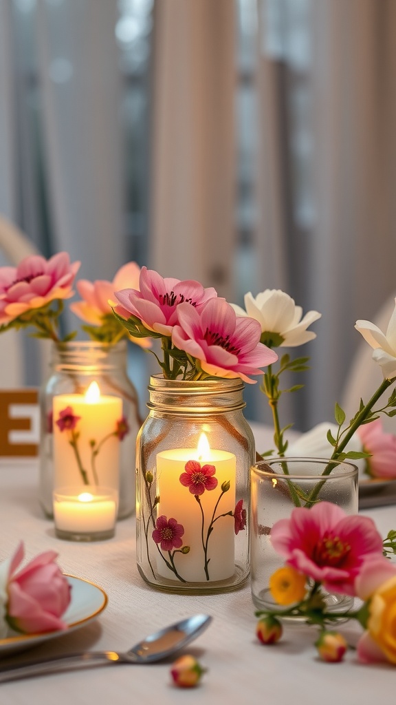 Diy Easter Decorations Ideas. Mason jar candle holders decorated with flowers on a table.