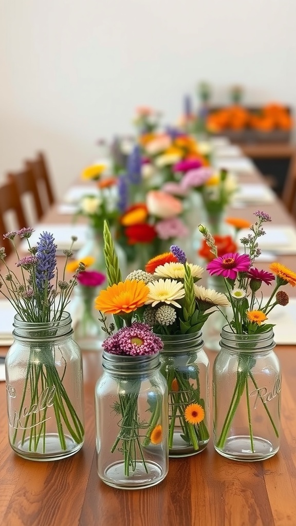 Mason jars filled with colorful flowers on a dining table