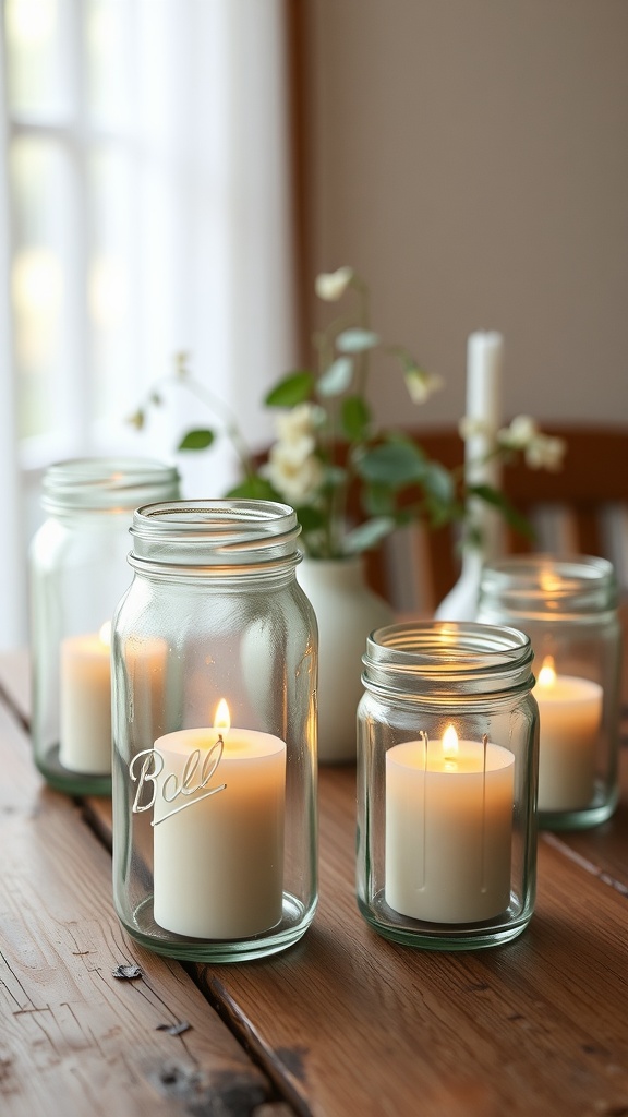 Mason jars with candles as valentines table centerpieces.