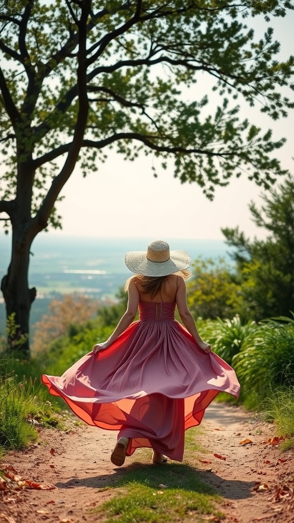 A woman walking in a flowing pink maxi dress with a sun hat, surrounded by nature.