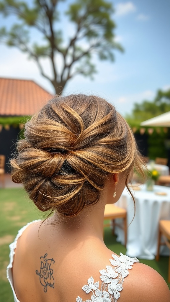 A beautifully styled messy romantic updo hairstyle for a bride with long hair.