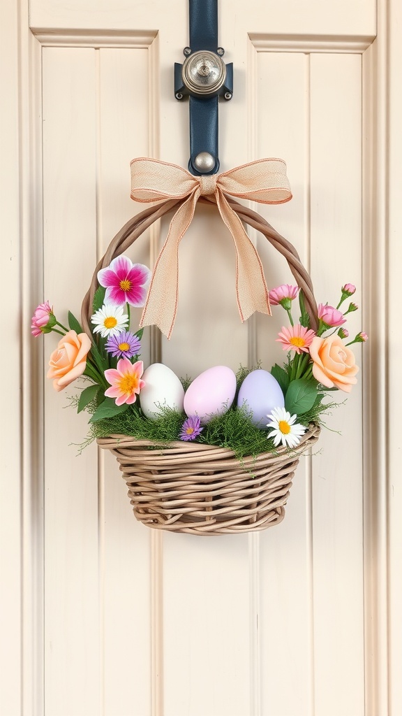 A mini basket wreath with colorful eggs and flowers, hanging on a door.