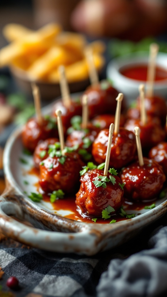 A platter of mini BBQ meatballs garnished with green herbs, served with dipping sauce.