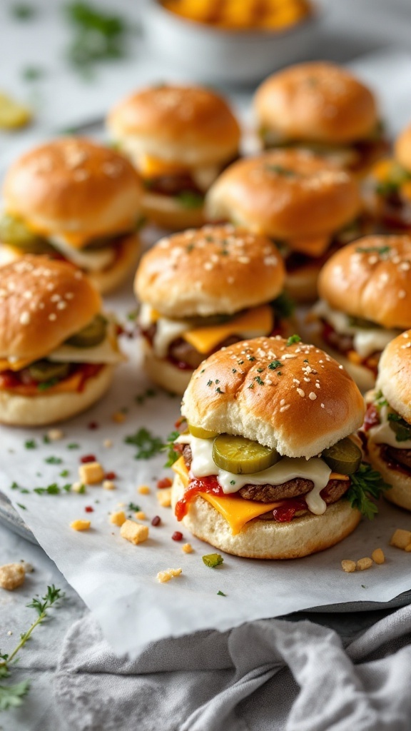 A platter of mini sliders with sesame seed buns and various toppings.