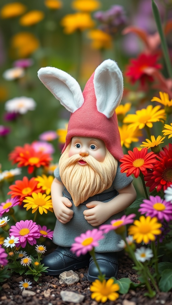 A cheerful miniature garden gnome wearing bunny ears, surrounded by vibrant flowers.