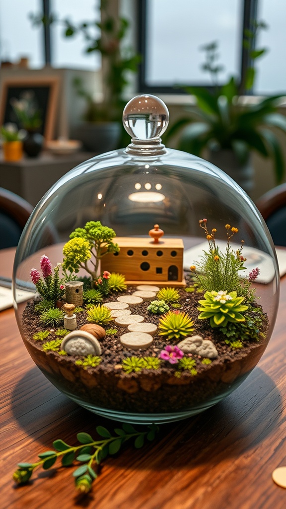 A miniature garden scene under a glass dome featuring plants and a small decorative house.