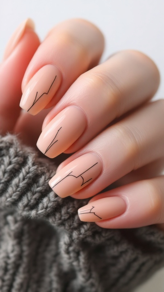 Close-up of minimalist line art nail designs featuring black patterns on nude nails.