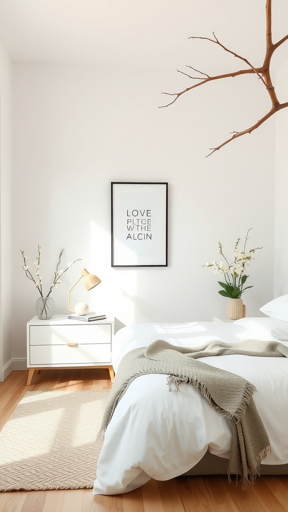 A minimalist spring bedroom with a light color palette and simple decor elements.