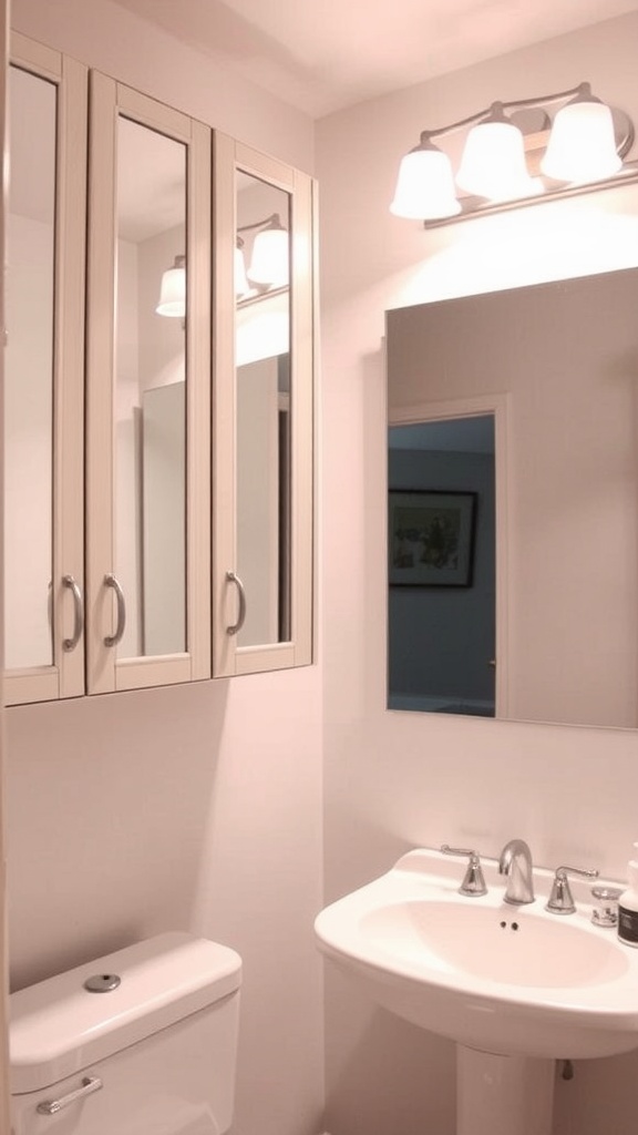 A small bathroom featuring mirrored cabinets above a sink with a white countertop.