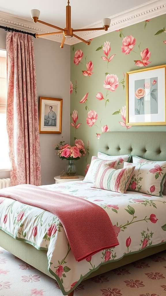 A bedroom featuring sage green walls with large pink floral patterns and matching bedding