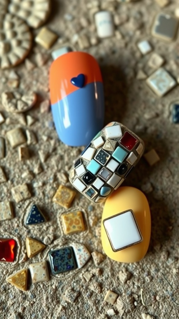 Close-up of colorful mosaic tile nail art with a mix of vibrant colors.