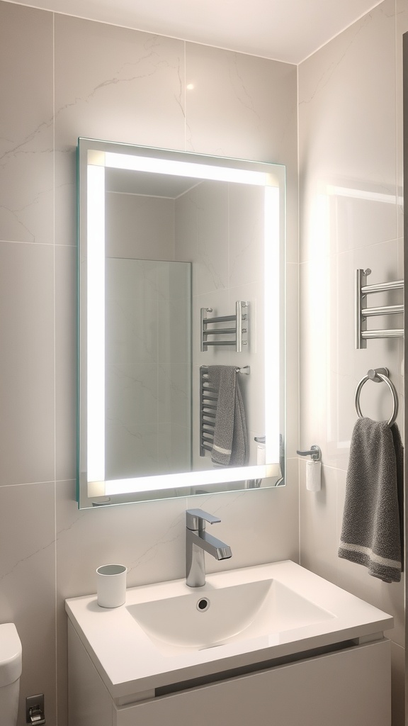 A modern bathroom mirror with built-in lighting, above a sleek sink and countertop.