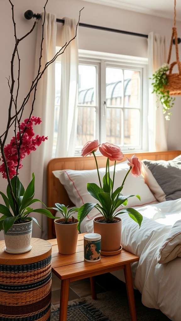 A cozy bedroom with a bed, natural branches with flowers, and a plant in a decorative basket.