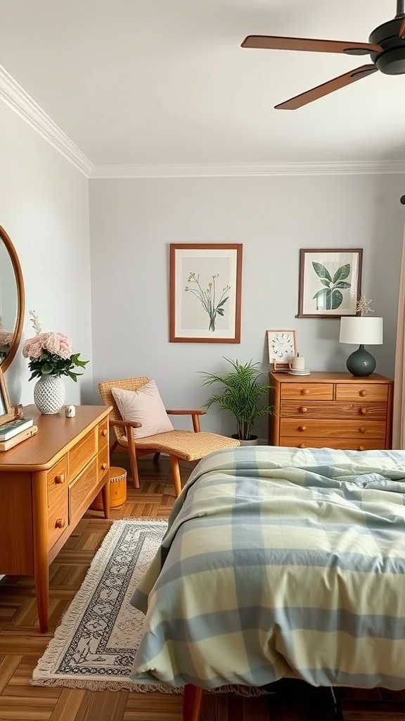 A sage green and pink bedroom featuring natural wood furniture.