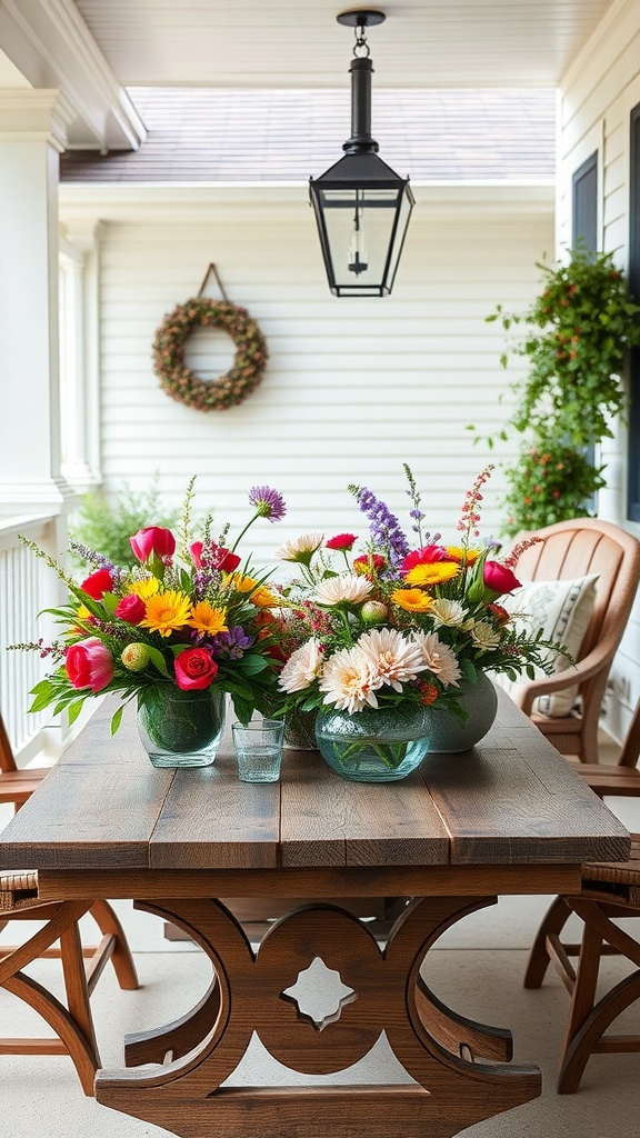 A vibrant spring flower arrangement on a wooden table with a lantern above and a wreath on the wall.