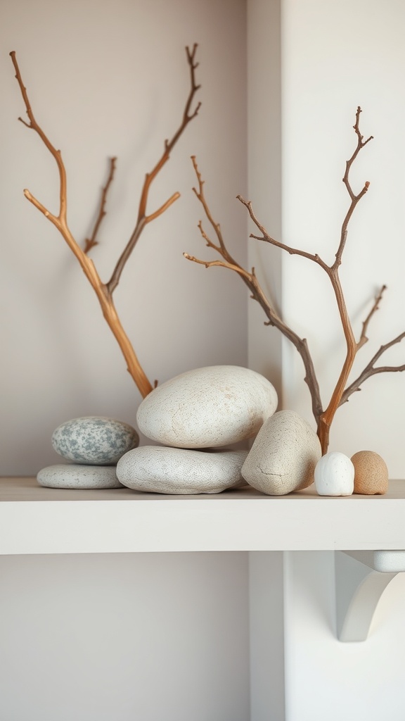 Nature-inspired decor with wooden letters, stones, and twigs on a shelf