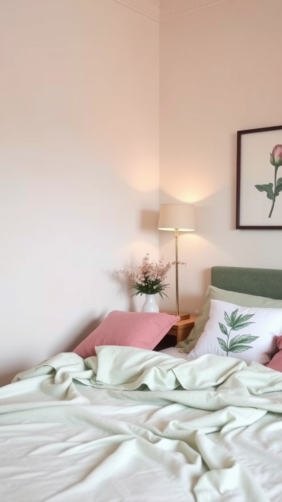 A cozy bedroom featuring sage green accents and pink pillows, with soft lighting and botanical decor.