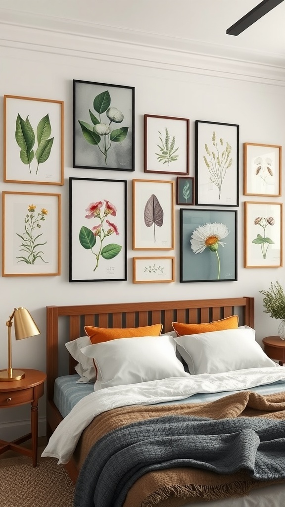 A cozy bedroom with nature-inspired wall art featuring various floral illustrations in wooden frames.