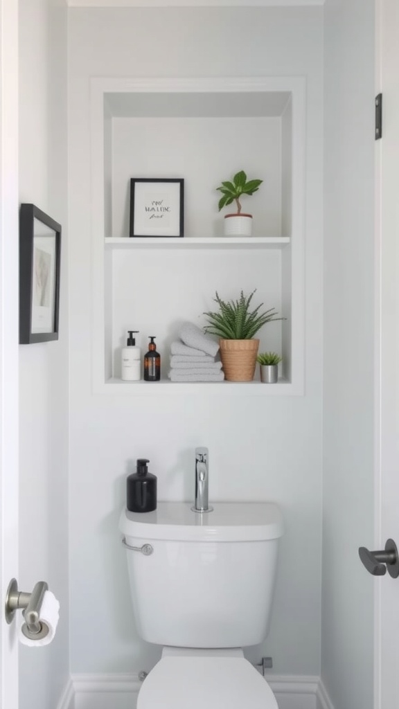 Niche shelving with plants and towels in a small bathroom.