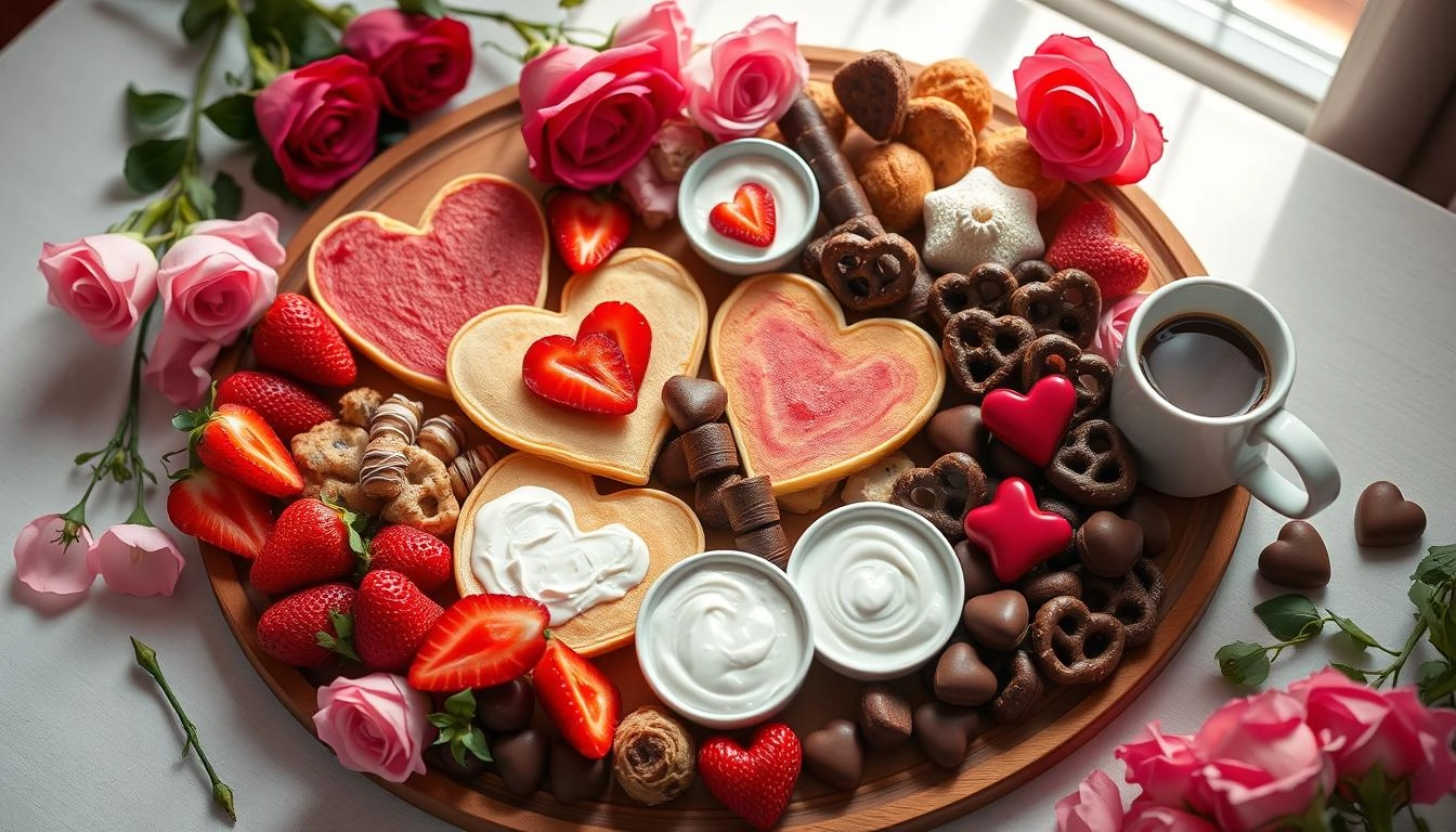 Valentine's breakfast charcuterie board with heart pancakes, strawberries, chocolates, and roses, styled with romantic lighting