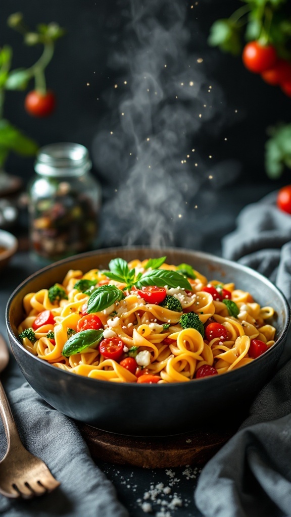 A bowl of colorful One-Pot Pasta Primavera with fresh vegetables and herbs.