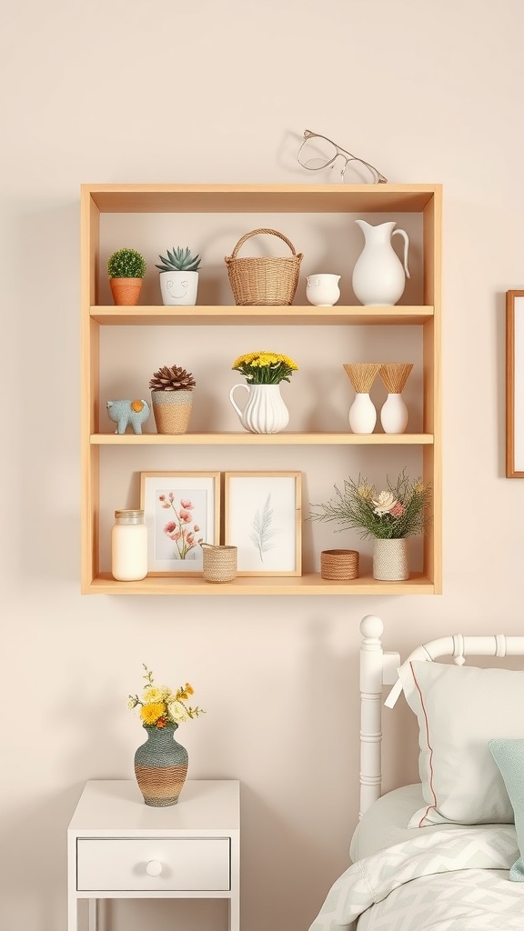 Open shelving with decorative items in a cozy bedroom setting