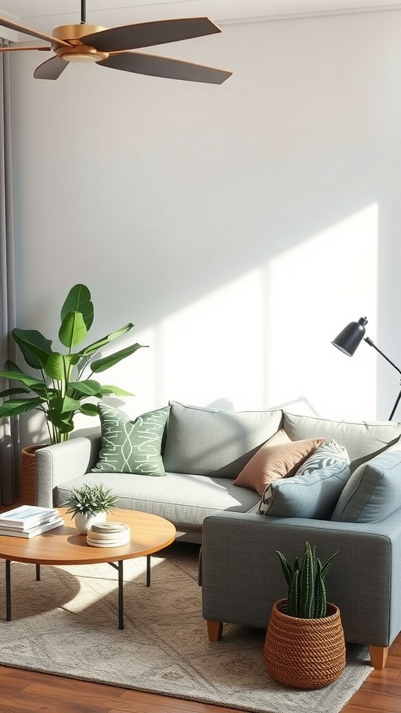 A bright living room with a cozy sofa, plants, and natural decor elements.