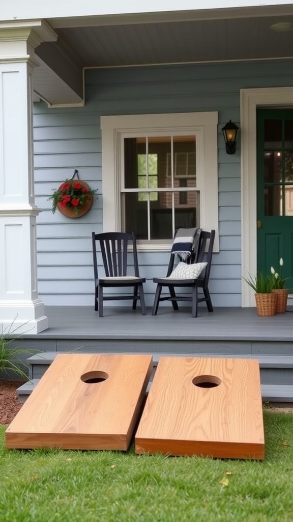 A cozy front porch with two cornhole boards set up on the grass.