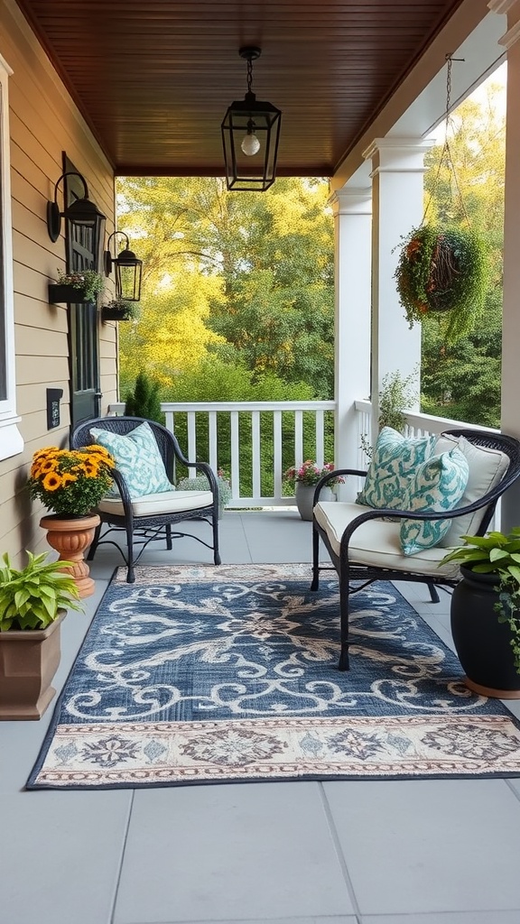 Cozy front porch with outdoor rug, chairs, and plants