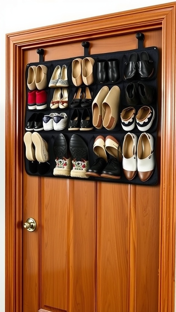 Over-the-door shoe organizer filled with various types of shoes